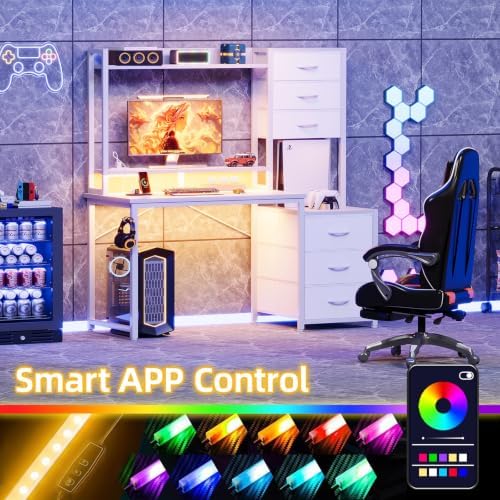 MUTUN 47 Inch Computer Gaming Desk with Hutch Power Outlet and LED Strip, Home Office Work Study Writing Desk with 6 Fabric Drawers and Storage for Bedroom, Escritorios para Computadoras, White - Image 4
