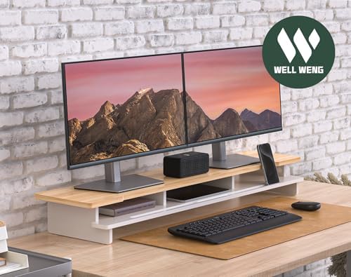 42.5" Dual Monitor Stand Riser with Phone Holder Desk Shelf White - Image 7