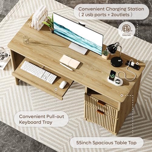 Bestier Computer Desk with Drawer, 55 inch Office Desk with Power Outlet, Modern Home Office Desk with Keyboard Tray (Natual Oak, 55" W with Single-Sided Drawers) - Image 3