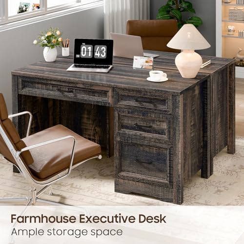 Vabches Farmhouse Executive Desk with Storage and Ample File Drawer, Rustic Large Home Writing Desk for Bedroom, Dark Oak - Image 5