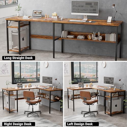 Unikito L Shaped Computer Desk with Magic Power Outlets and USB Charging Port, Sturdy Reversible Corner Desk with Storage Shelves, Modern Work Desk for Home Office, Easy to Assemble, Rustic Brown - Image 6