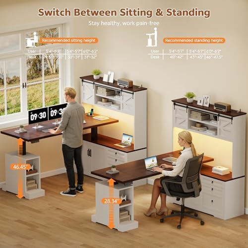 71" LED L Shaped Standing Desk with Hutch and Drawers White - Image 3