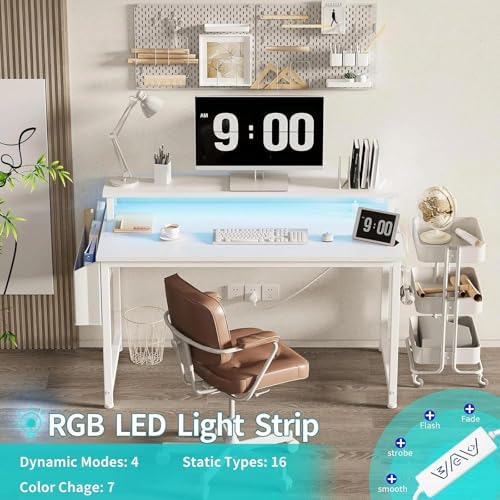 Lufeiya White Computer Desk with LED Lights and Power Outlets, 40 Inch Home Office Desks with Monitor Stand, Teen Writing Study Table Gaming Desk with Charging Station, White - Image 4