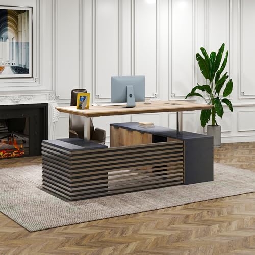 Electric Height Adjustable Executive Desk, Luxury L-Shaped Office Desk with Storage Cabinet & Charging Station, Solid Thickened Desktop, 86" Modern CEO Workstation for Home Office & Corporate Office by SAINTCY