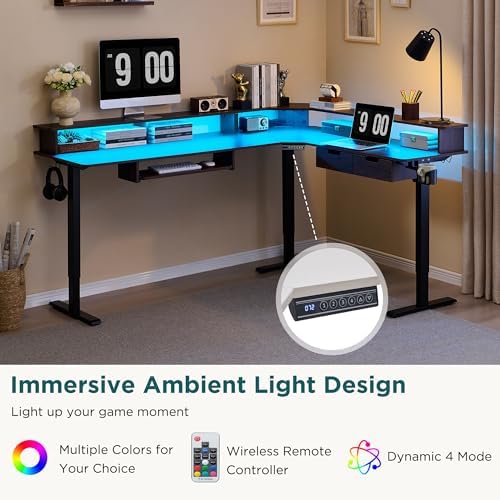 RedLemon 75X60 Inches L Shaped Electric Standing Desk, Height Adjustable Corner Gaming Desk with Drawers, Keyboard Tray, Power Outlets & LED Lights, Computer Desk with Monitor Shelf, Dark Walnut - Image 3