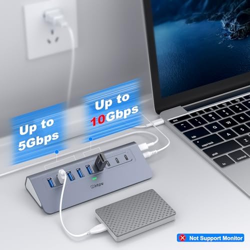Powered USB Hub 10Gbps, intpw 9-Port USB 3.2/USB C Hub(3 USB 3.2 + 4 USB 3.0 + 2 PD 45W Charging Ports), 65W Power Adapter and 3.3FT Cable, Aluminum USB Hub for Laptop, iPhone 17/16/PC - Image 3