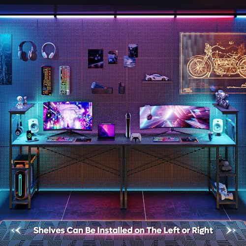 Bestier Gaming Desk with LED Lights, 51.3 Inch Computer Desk with 4 Tiers Reversible Shelves, Gamer Desk with Side Storage Bag, Hooks and Height Adjustable Shelf (Black Marble) - Image 4