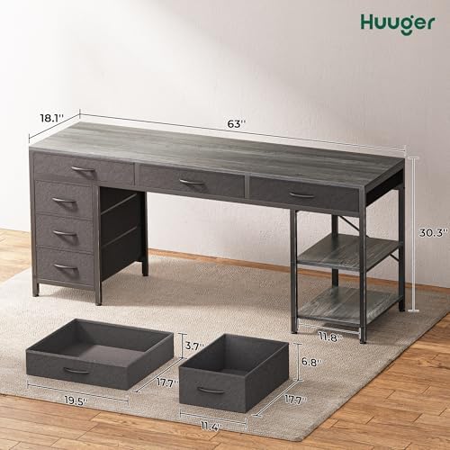 Huuger Computer Desk with 6 Drawers, Office Desk with Shelves, Reversible Gaming Desk, Corner Desk with Storage, Work for Home Office, Study, Living Room, 63inch, Grey - Image 7