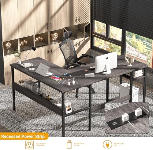 Unikito Reversible L Shaped Desk with Magic Power Outlets and USB Charging Ports, Sturdy Corner Computer Desk with Storage Shelves, Gaming Table Home Office Desk, Easy to Assemble, Enoch Walnut - Image 4