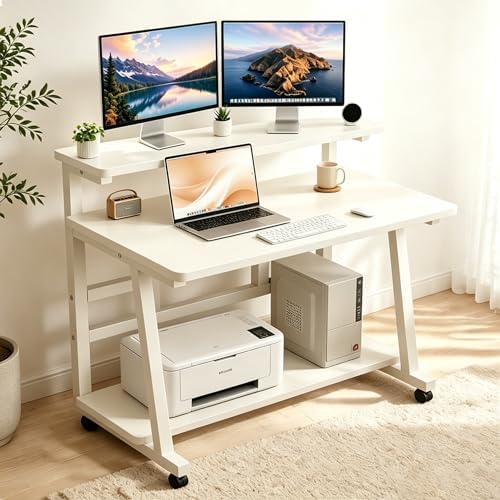 47.2 Inch Compact Rolling Computer Desk with Tier Worktable & Lockable Wheels, Small Computer Desk, Small Desk for Bedroom, Mobile Writing Workstation Easy Assembly for Home Office Small Spaces - Image 2
