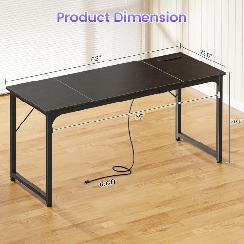 PRAISUN 63 X 24 Inch Computer Desk, Power Outlets, USB-C, Black - Image 3