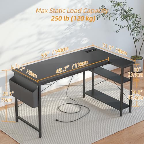 TIQLAB L Shaped Computer Desk with Power Outlets, 55 Inch Small Corner Desk with Reversible Shelves, Gaming Desk Computer Table Study Writing Table for Home Office Bedroom Small Space, Black - Image 3