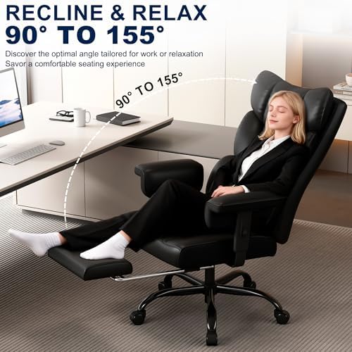 Misolant Big and Tall Office Chair with Footrest, High Back Executive Desk Chair with Adjustable Lift Armrest, 155°Recline，Lumbar Support Pillow, Faux Leather Gaming Chairs for Home or Office Black - Image 4