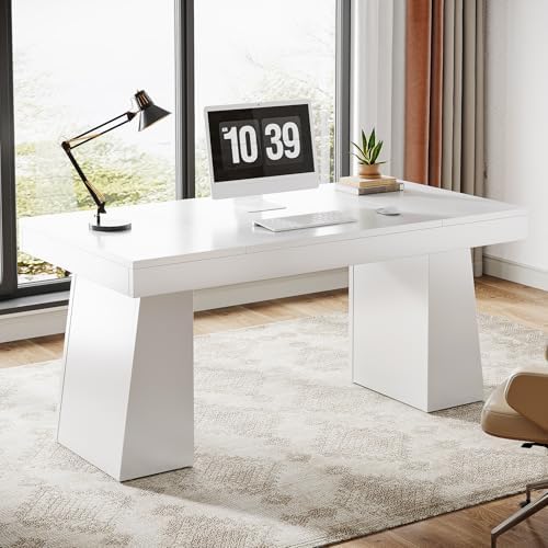 Tribesigns 55 Inches Executive Desk, Mid-Century Modern Home Office Desk, Wood Computer Table Business Workstation Small Conference Table, White - Image 3