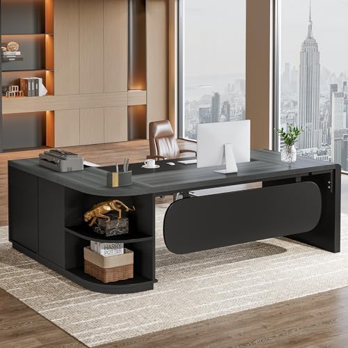 Tribesigns 80'' L-Shaped Desk, Large Executive Office Desk with 55'' Drawers Cabinet, Modern Commercial Office Table with Storage Shelves, Business Furniture for Home Office, Grey & Black - Image 3
