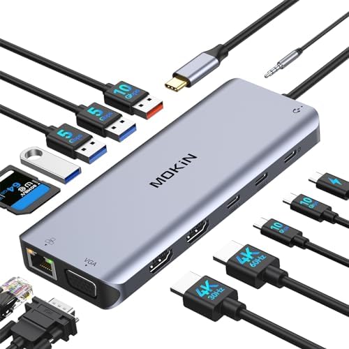 USB C Laptop Docking Station Dual Monitor, 14 in 1 Docking Station 3 Monitors Multiport Adapter with 2 HDMI 4K, VGA, RJ45 Ethernet, 10Gbps USB C/A, 100W PD, SD/Micro SD, 3.5MM Audio&Mic for Dell HP by MOKiN