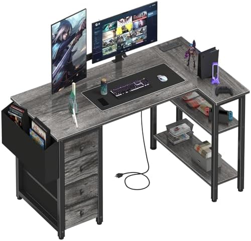 Lufeiya L Shaped Computer Desk with Drawers & Storage Shelves, 47 Inch Small Corner Desk with Power Outlet for Home Office Bedroom, L-Shaped Gaming PC Desks with Fabric Drawer, Gray by LUFEIYA