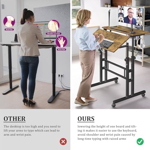 Enayplon Small Standing Desk with Wheels, Mobile Stand Up Desk, Portable Standing Table on Wheels for Walking Pad, Rolling Computer Desk Adjustable Height, Tall Table - Image 4