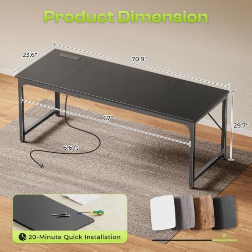 PRAISUN 70 x 24 Inch Computer Desk with Power Outlets & USB-C, Black - Image 3
