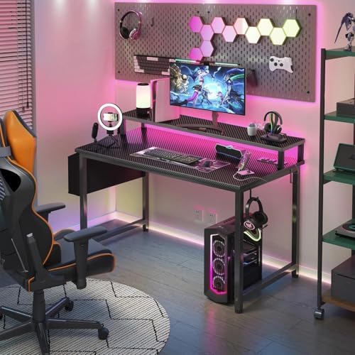 Lufeiya Gaming Desk with Power Outlets and LED Lights, 40 Inch Gamer Desk Table with Charging Station, Home Office Computer Desks with Monitor, Black - Image 2