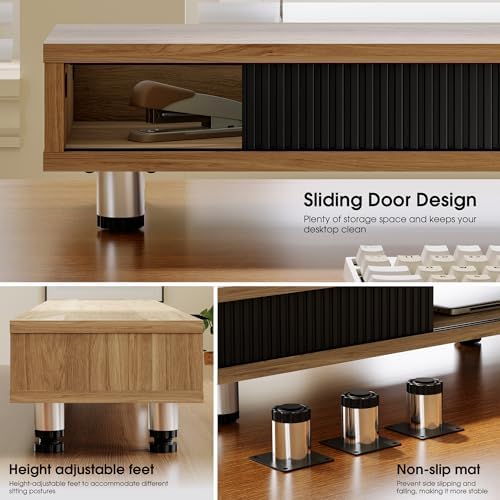 Fenge Dual Monitor Stand with Storage, Desk Shelf with Glass Sliding Door - Image 4