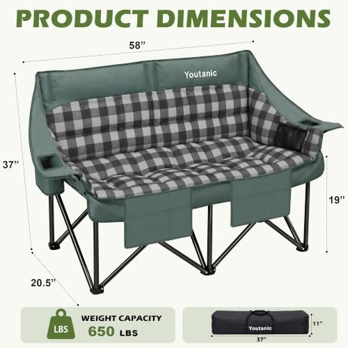 Youtanic Double Camping Chair, Heavy Duty 650lbs Padded Loveseat for Adults - Image 2