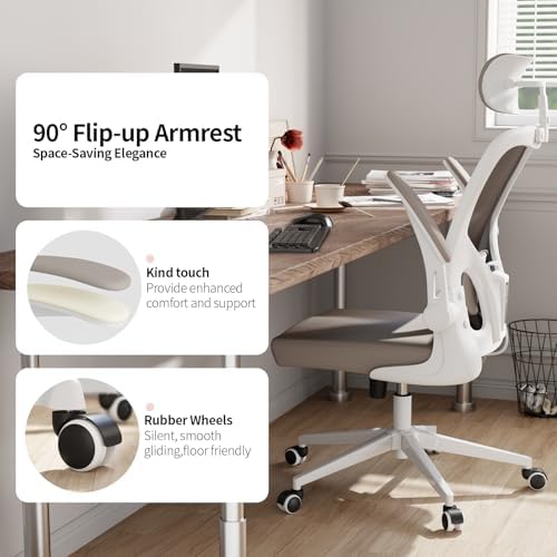 Office Chair Ergonomic Desk Chair with Lumbar Support&Headrest&Flip-up Arms Height Adjustable Rocking Swivel High Computer Chair Multi-Angle from 90° to 125° with 350LBS Capacity(White+Khaki-2) - Image 3