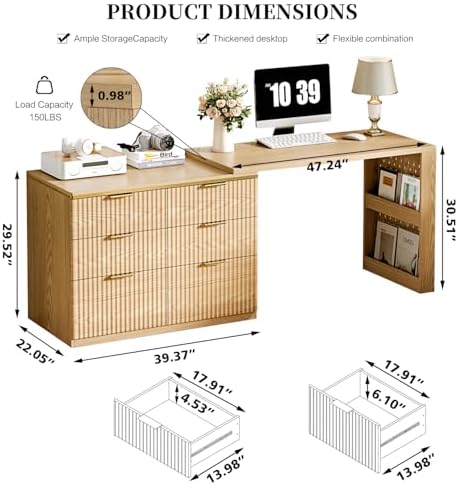 Ieejdn Computer Desk with 6 Drawers, 78" Modern Writing Desk with 0.98" Thickened Desktop & Storage Shelves, Adjustable Direction & Extendable Executive Office Desk Study Table for Home Office, Oak - Image 2