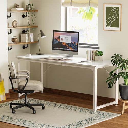 Huuger Computer Desk, 70 Inch Office Desk, Gaming Desk with Storage, Writing Desk Work Desk for Home Office, Study, Long Simple Desk, Large Legroom, Metal Frame, White - Image 7