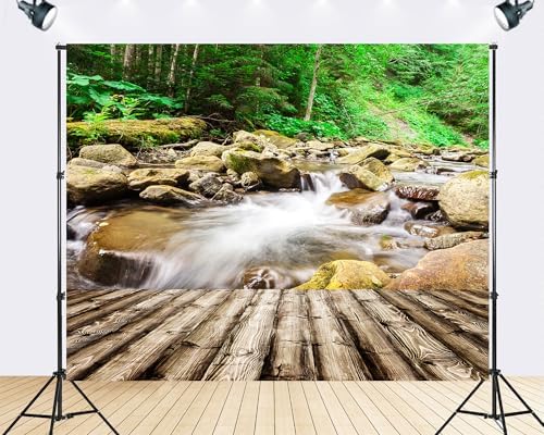 Trykid 10x8ft Forest Stream Mossy Rocks Wooden Deck Backdrop Lush Fresh Serene Photography Background Nature Adventure Party Decoration Photo Booth Prop Fabric - Image 2