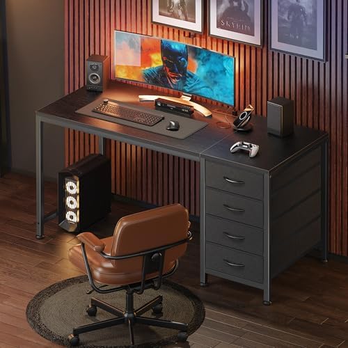 PRAISUN 47.2Inch Computer Office Desk with Power Outelts and USB-C Port, Reversible Gaming Desk with 4 Fabric Drawers, Work Study Desk Work from Home, Black - Image 7