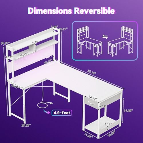 Apicizon L Shaped Gaming Desk 53" with Hutch, LED Light and Drawer - Image 3
