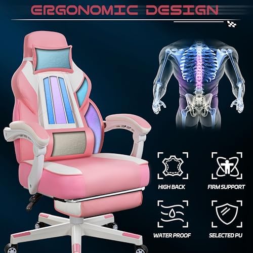 Big and Tall Gaming Chair for Adults, 330lbs Heavy Duty Computer Chair with Footrest & Massage Lumbar Support, Wide Seat High Back Reclining Desk Chair, 360° Swivel, Pink - Image 5