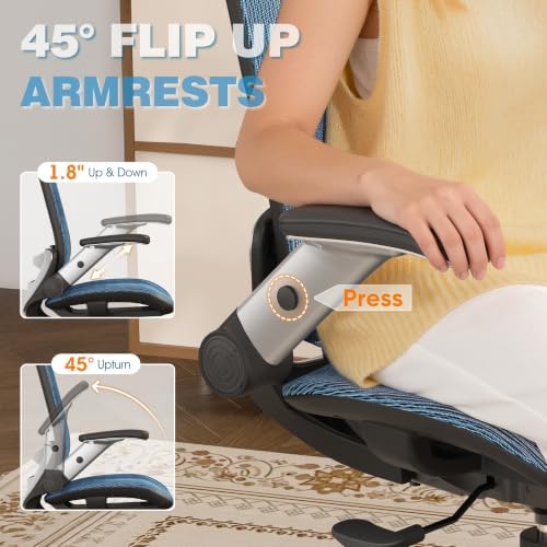 GABRYLLY Ergonomic Office Chair, High Back Home Desk Chair with 2D Flip-Up Arms, 3D Headrest, 90-120° Tilt and Wide Cushion, Big and Tall Mesh Chairs for Man Woman, Blue Computer Task Chair - Image 3