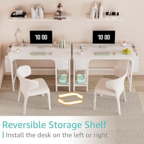 Lufeiya White Small Desk with Drawers - 40 Inch Computer Desk for Small Space Home Office, Modern Simple Study Writing Table PC Desks - Image 4