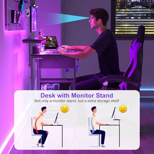 X-cosrack 33.5" Small Gaming Desk with LED Lights & Power Outlets, Compact Computer Desk with Monitor Stand & CPU Stand, Gamer Table with Storage Drawer, Side Hooks for Home Office, Bedroom, Black - Image 4