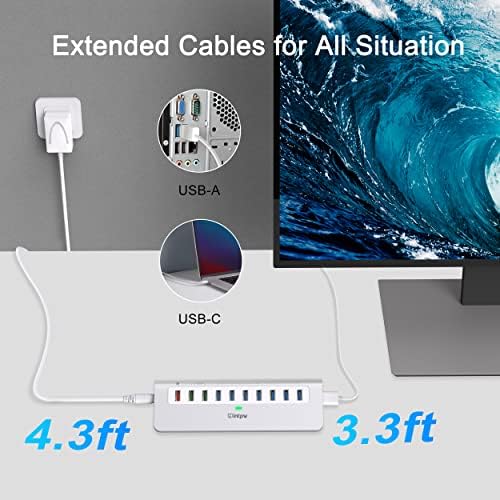 Powered USB Hub 10Gbps, 10 Port USB 3.2 Gen 2 Hub with 7 USB 3.2 Data Ports, 3 Fast Charging Ports, 36W Power Adapter, Type A and Type C Cable, Aluminum USB Hub for Laptop, Mac, PC - Image 4