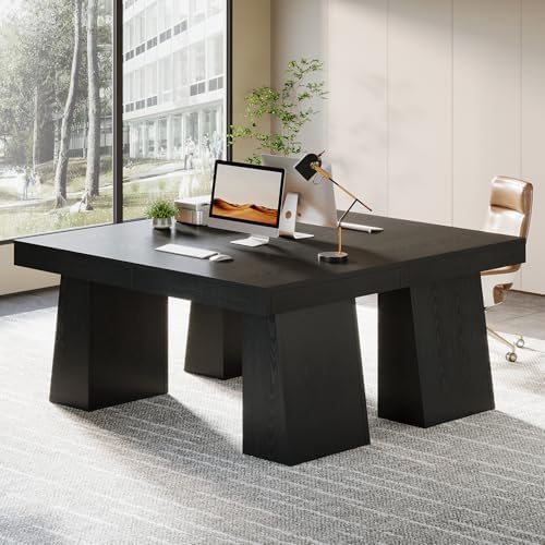 Tribesigns 55-Inch Executive Desk, Thick Wood Office Computer Desk with Double Pedestal, Modern Minimalist Workstations Writing Table Conference Table Furniture for Home Office, Black - Image 4