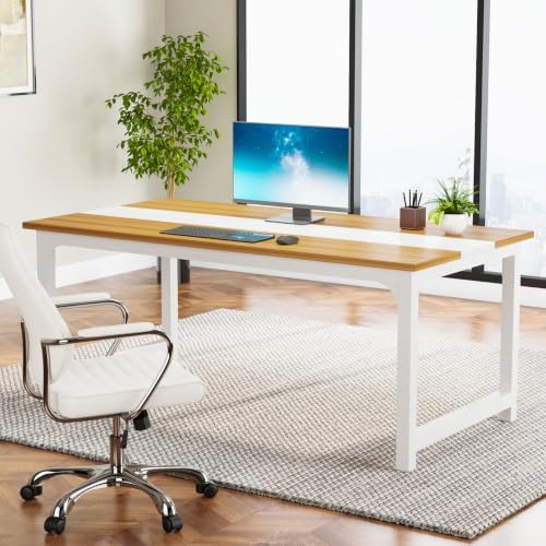Tribesigns Modern Computer Desk, 63 x 31.5 inch Large Office Desk Computer Table Study Writing Desk Workstation for Home Office, Light Walnut/White - Image 2