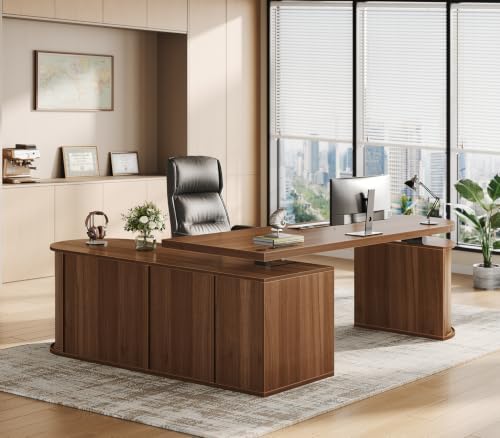 SEDETA 57" L Shaped Standing Desk with Storage, Electric Height Adjustable Curved Executive Desk, Fluted Desk with Drawers & Power Strip for Home Office, Brown - Image 3