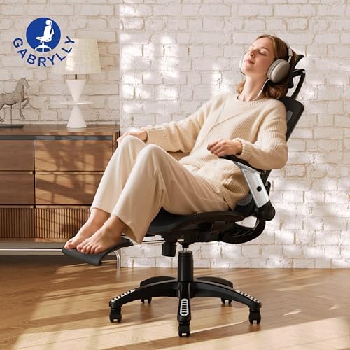 GABRYLLY Ergonomic Office Chair, High Back Home Desk Chair with Footrest,3D Headrest, Flip-Up Arms, 135° Tilt and Wide Cushion, Heavy Duty Mesh Chairs for Task Computer Gaming, Black - Image 2