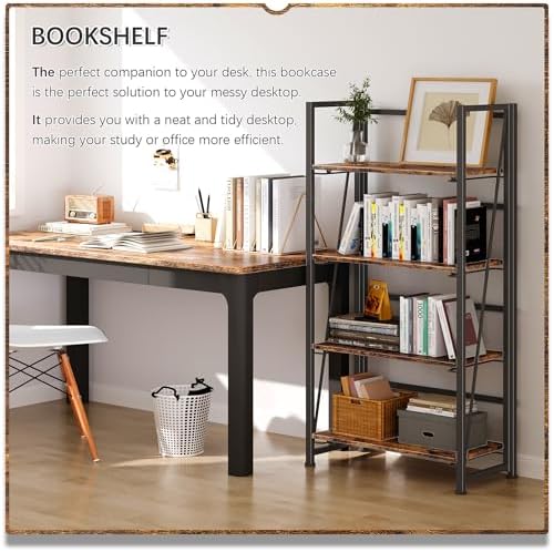 4NM No Assembly Folding Bookshelf Storage Shelves 4 Tier Vintage Bookcase Standing Racks for Bedroom Living Room Home Office - Image 4