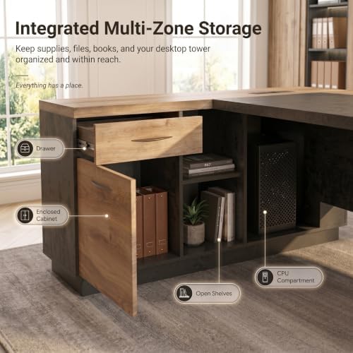 Office Desk with Drawers, 78.74 Inches L-Shape Executive Desk, Industrial Wood Desk with Storage Shelves, Modern Computer Desk for Home Office, Black and Wood, Right - Image 5