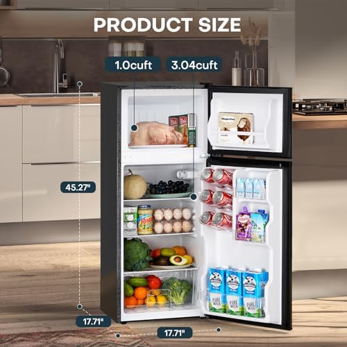 Upstreman 4.0 Cu.Ft. Mini Fridge with Freezer, Dorm Essentials, Double Door, Small Refrigerator for Office, Dorm, Bedroom, Adjustable Thermostat, Large Capacity, Stainless-SR401 - Image 2