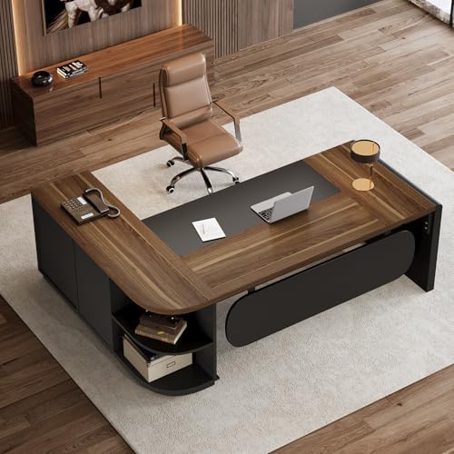 Tribesigns 81-Inch L-Shaped Office Desk, Large Commercial Office Desk with Drawers and File Cabinet, Modern Professional Business Furniture Workstations with Storage Shelves, Brown & Black - Image 5