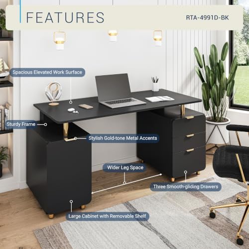 Techni Mobili 57"W Computer Desk w/ 3 Drawers & Storage Cabinet, Black/Gold - Image 4