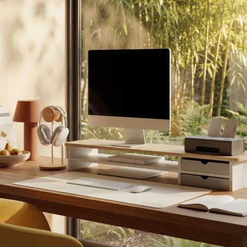 Fenge Monitor Stand, Desk Computer Riser with Frosted Storage Drawer, Oak - Image 2