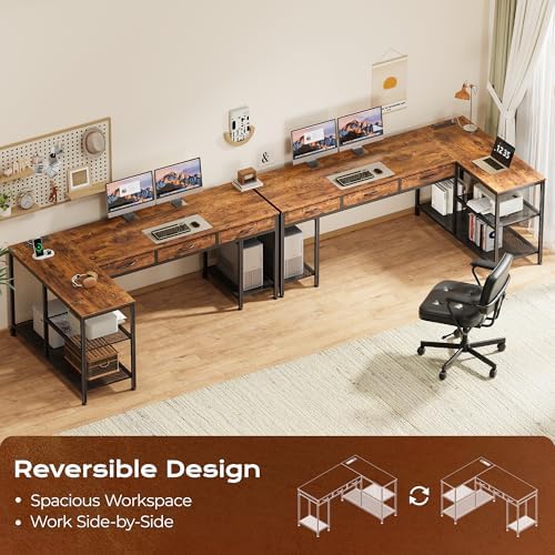 PRAISUN 63 Inch L Shaped Office Desk with Power Outlets and Type-C Port, Large Computer Gaming Desk with 3 Fabric Drawers, Mesh Shelves, Corner Study Work Writing Desk, Rustic Brown - Image 4