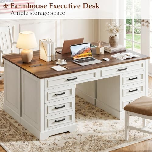 58" Executive Desk with 7 Drawers, Large Computer Desk with Charging Station , Wood Home Office Desk with File Drawer for Letter/A4 Size Hanging Files for Home Office, Rustic White and Rustic Brown - Image 7
