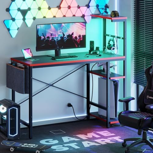 Bestier Gaming Desk with Power Outlets, 44 Inch Led Gamer Desk with 4 Tiers Reversible Shelves, PC Gaming Table with Headset Hook & Side Storage Bag for Bedroom (Black 3D Carbon Fiber) - Image 2